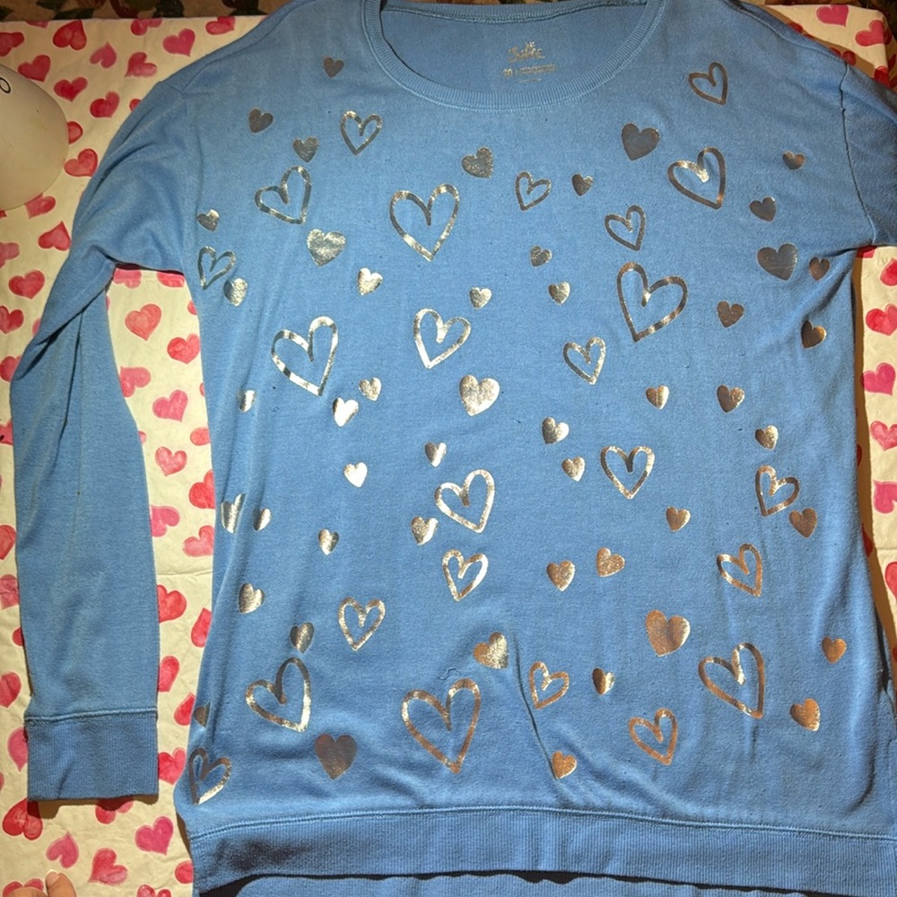 Justice Girls Sweater Size 20 Blue Metallic Hearts Some Pilling